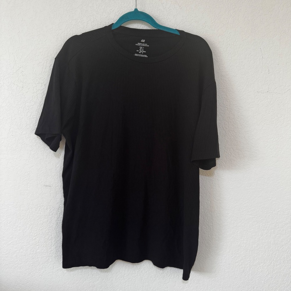H M‎ Ribbed Crew Neck T Shirt Black Regular Fit Oversized Tee Top Womens L